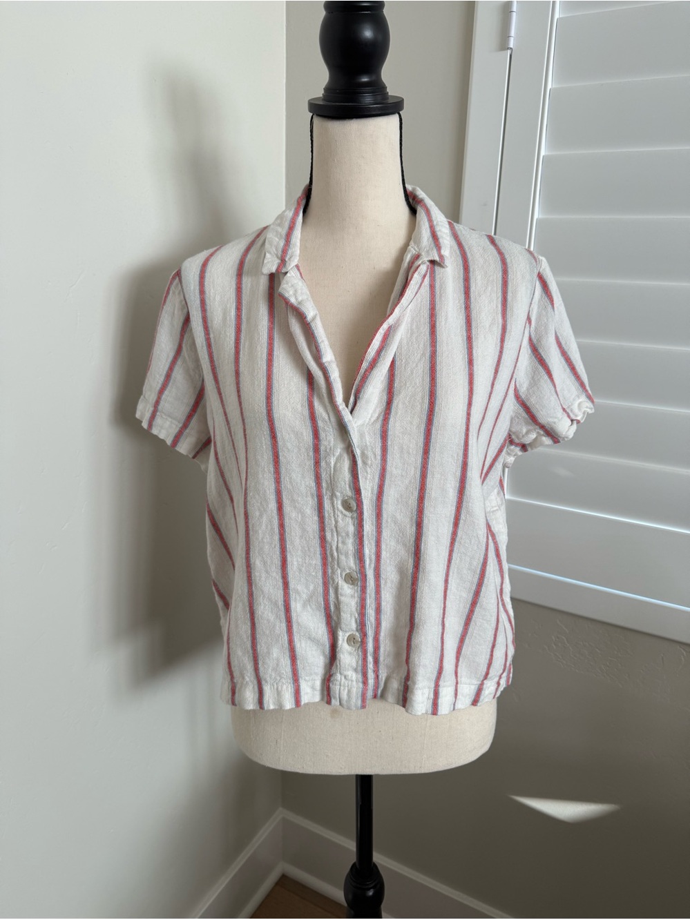 Universal Thread Linen Blend Short Sleeve Button-Front Top w/Red & Blue Stripes